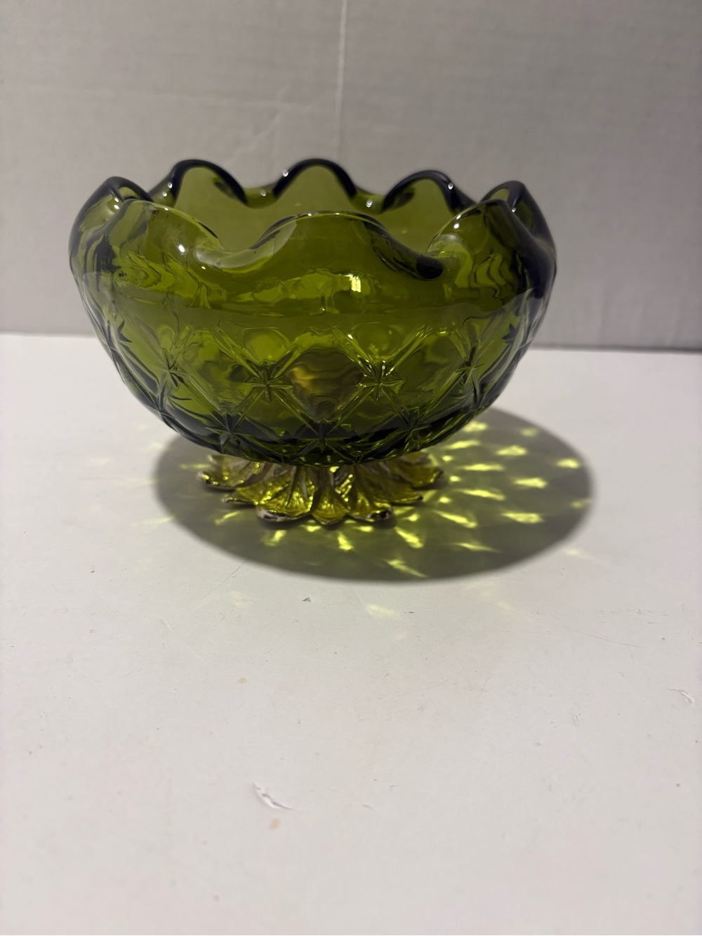 Green INDIANA Glass Diamond Cut BOWL With METAL LEAF Base Vintage